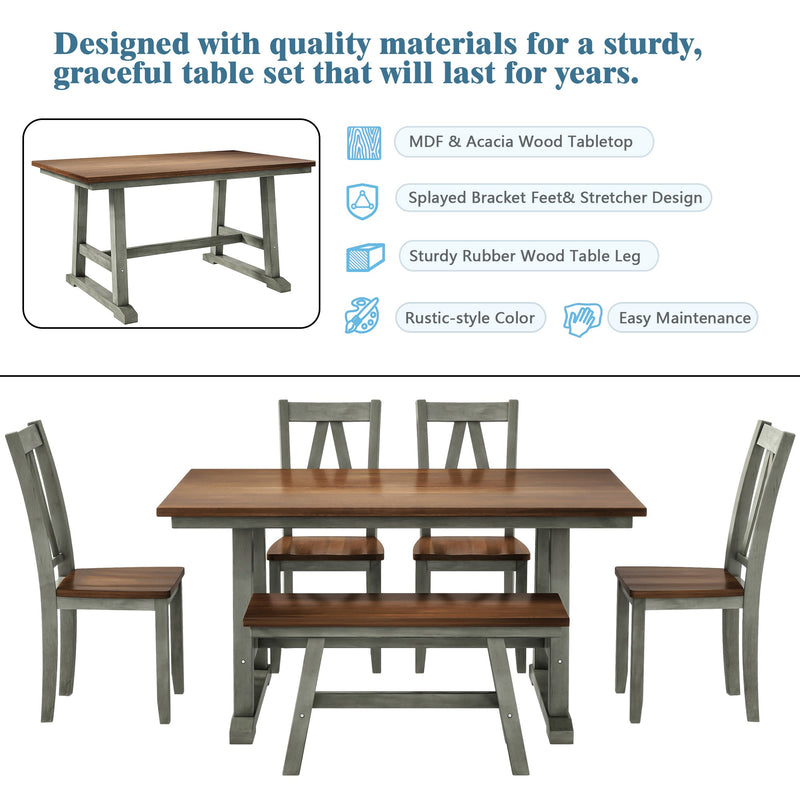 6-Piece Wood Dining Table Set Kitchen Table Set with Long Bench and 4 Dining Chairs, Farmhouse Style, Walnut+Gray