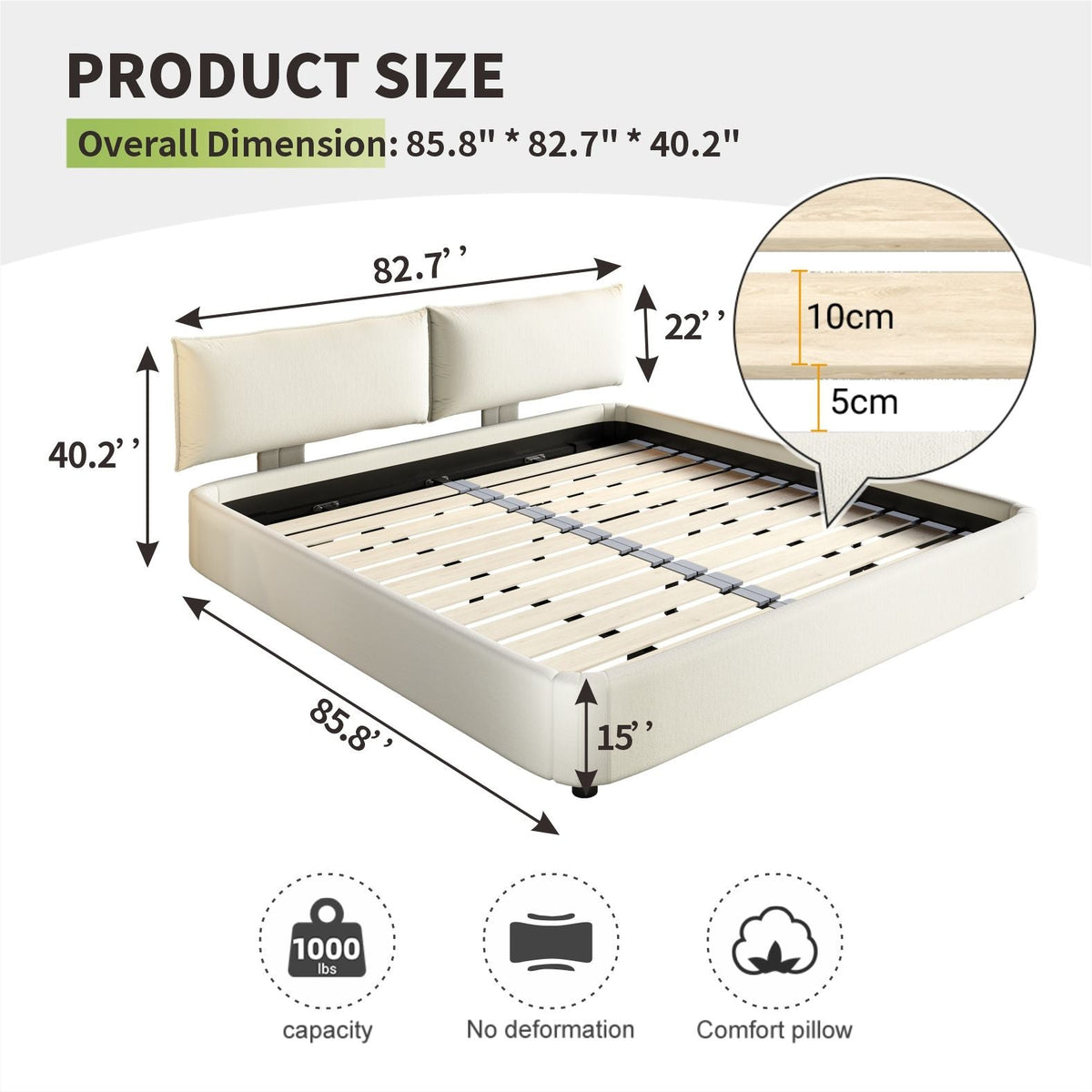 Cloud Bed Frame With Oversized Padded Movable Headboard, photo 11 of 12