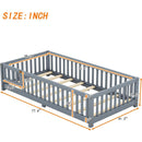 Twin Size Bed Floor Bed with Safety Guardrails and Door for Kids, Gray