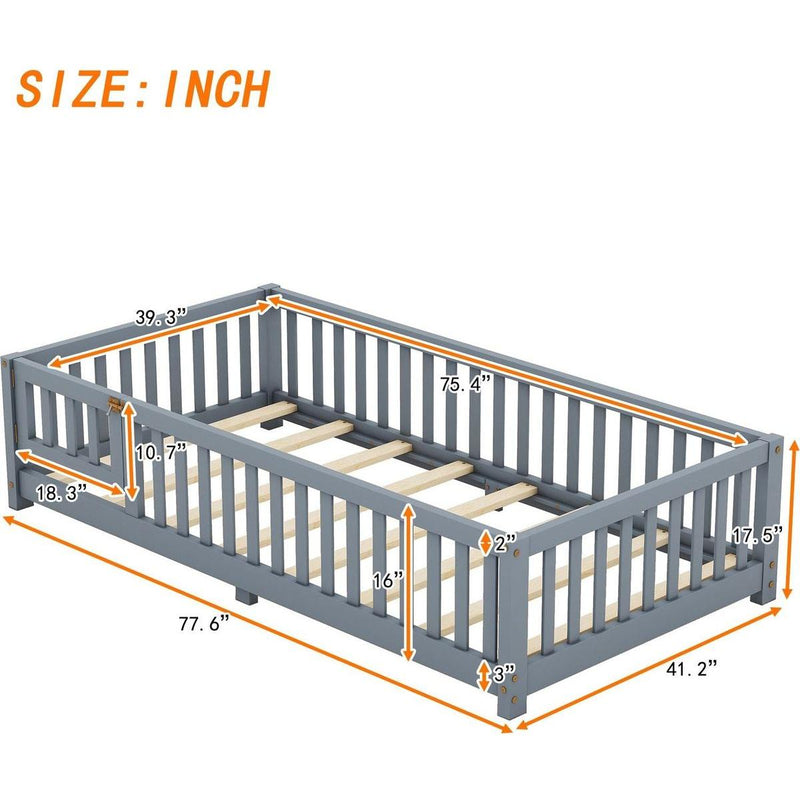 Twin Size Bed Floor Bed with Safety Guardrails and Door for Kids, Gray
