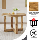A modern and practical circular dining table. Made of MDF tabletop and wooden MDF table legs. 4-piece technology cloth high backrest cushion side chair, C-shaped tube black metal legs.