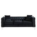82.3" Width Modern Velvet Sofa Jeweled Buttons Tufted Square Arm Couch Black, 2 Pillows Included