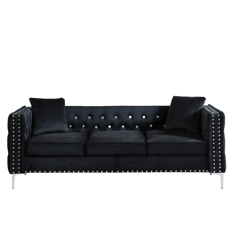 82.3" Width Modern Velvet Sofa Jeweled Buttons Tufted Square Arm Couch Black, 2 Pillows Included