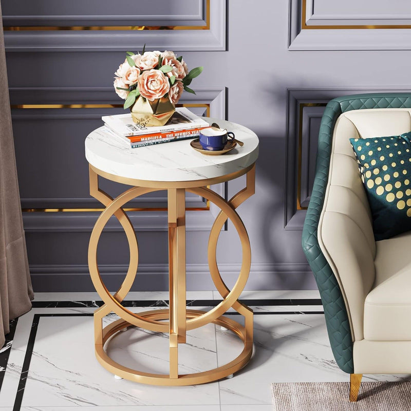 Round End Table With O-Shaped Base - White / Gold, photo 3 of 4