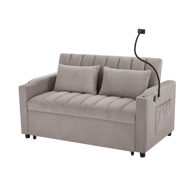 55.9" Convertible Sofa Bed Loveseat Sofa with Three USB Ports, Two Side Pockets, Two Cup Holders and 360Swivel Phone Holder for Living Room, Light Grey