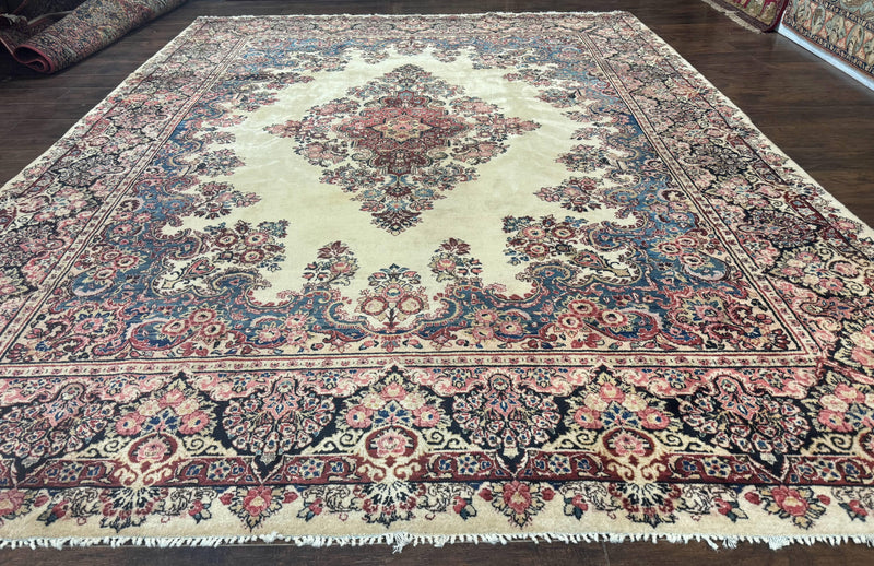 Persian Sarouk Rug 9x12, Ivory & Blue, Semi Open Field