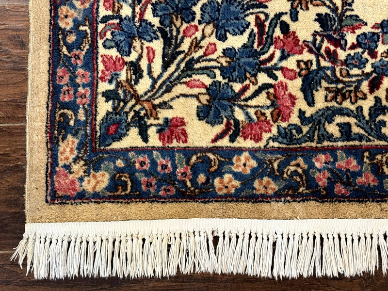 Square Persian Kerman Rug 4x4, Ivory Blue Pink, Handmade, Fine 225 KPSI