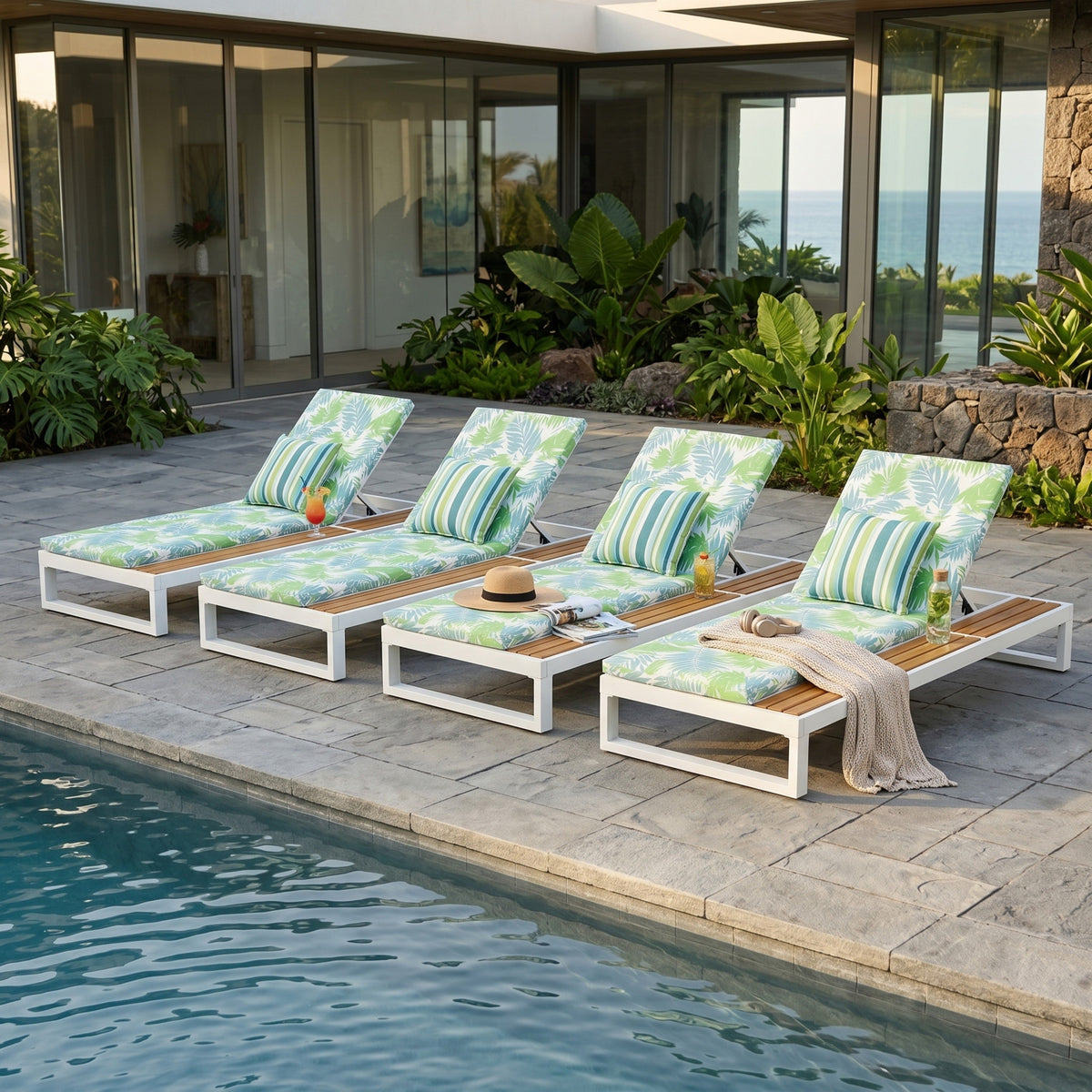 White Iron & Teak Finish Chaise Lounge Set, photo 6 of 10