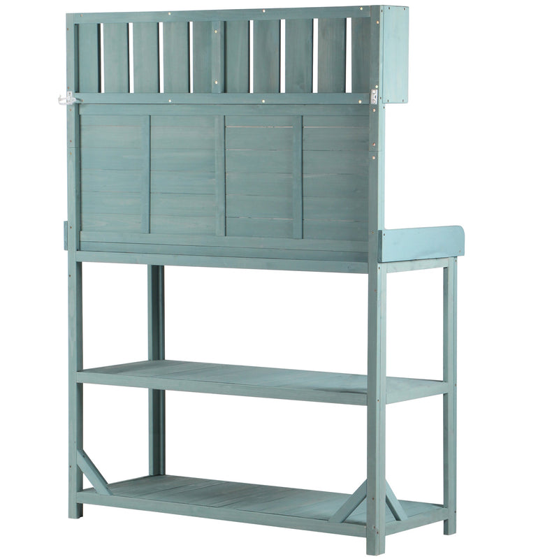65" Large Wooden Farmhouse Rustic Outdoor Potting Bench Table, Patio Workstation, Garden Potting Bench with 4 Storage Shelves and Side Hook,Green