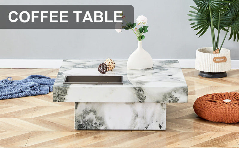 A modern and practical coffee table, black and white in imitation marble pattern, made of MDF material. The fusion of elegance and natural fashion 31.4"x 31.4"x 12 "