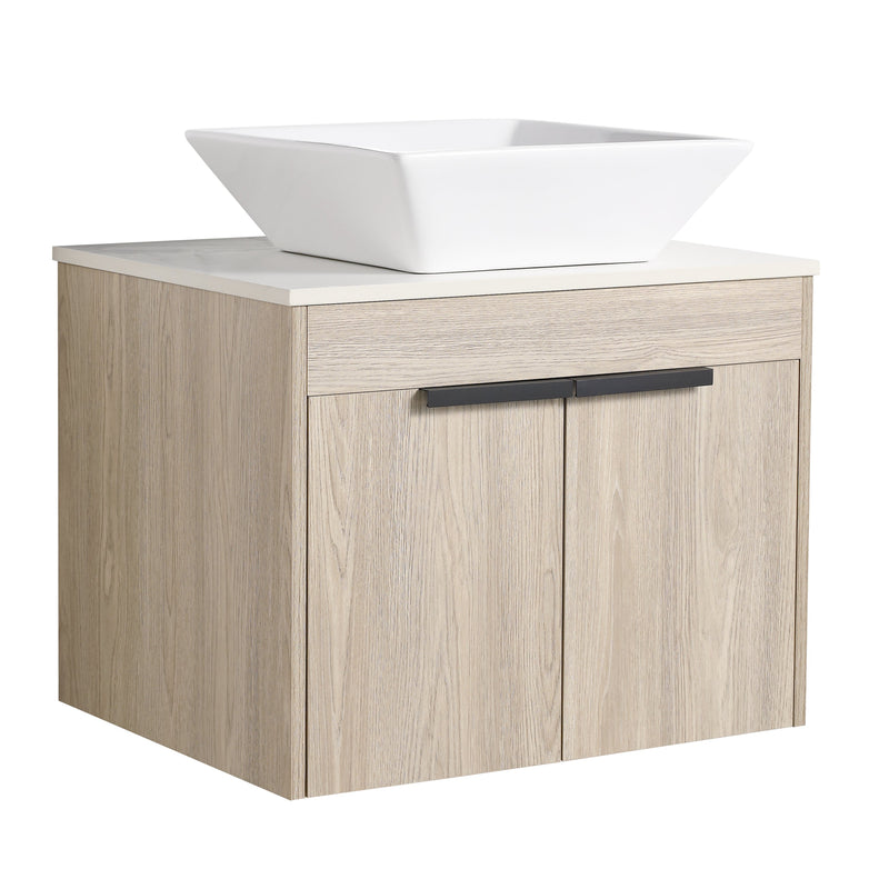 24" Modern Design Float Bathroom Vanity With Ceramic Basin Set, Wall Mounted White Oak Vanity With Soft Close Door, KD-PackingD-Packing Pieces