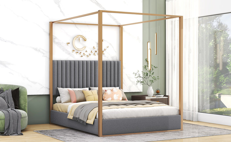 Walker Edison - Queen Size Upholstery Canopy Platform Bed with Headboard and Metal Frame, Gray