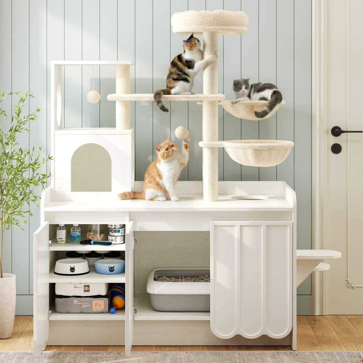 50.6" Cat Tree with Litter Box Enclosure, Sisal Scratching Post & Storage, photo 2 of 10