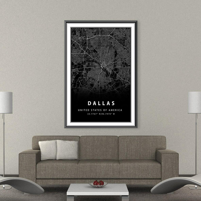 Dallas Black Map Canvas