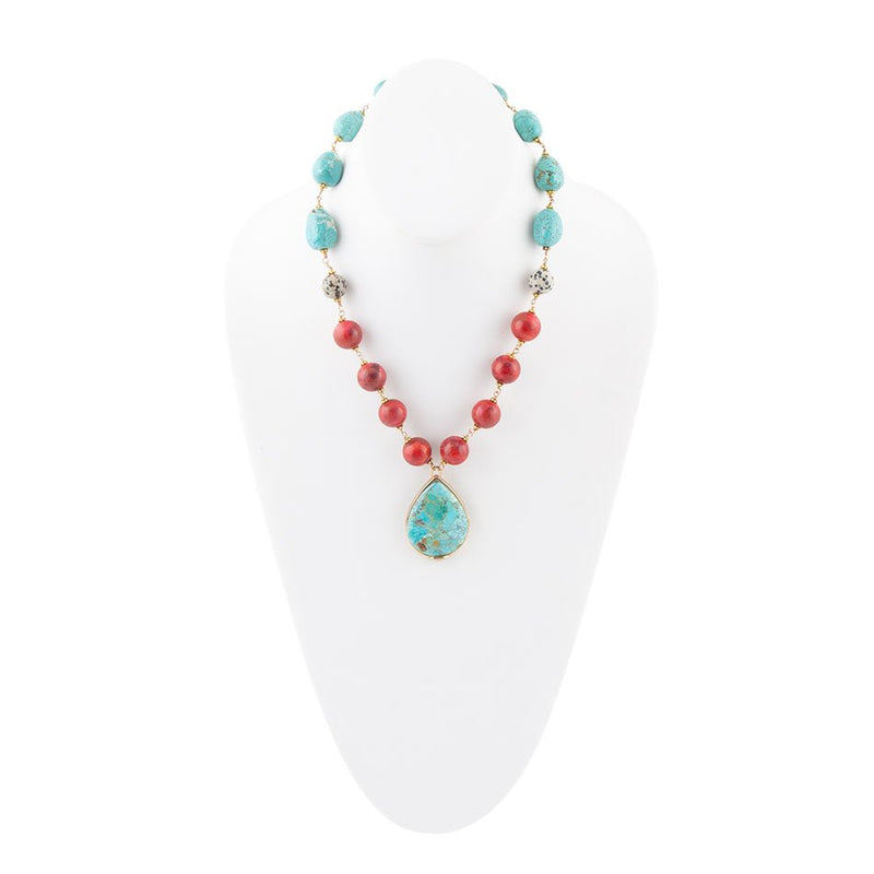 Blue and Red Turquoise Teardrop Golden Necklace