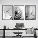 Modern black & white dandelion canvas wall art 3 piece set living room by Decorbites