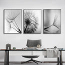 Modern black & white dandelion canvas wall art 3 piece set living room by Decorbites