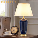 GobekUsa Dark Blue Ceramic Table Lamp with Remote Control for Bedroom and Living Room
