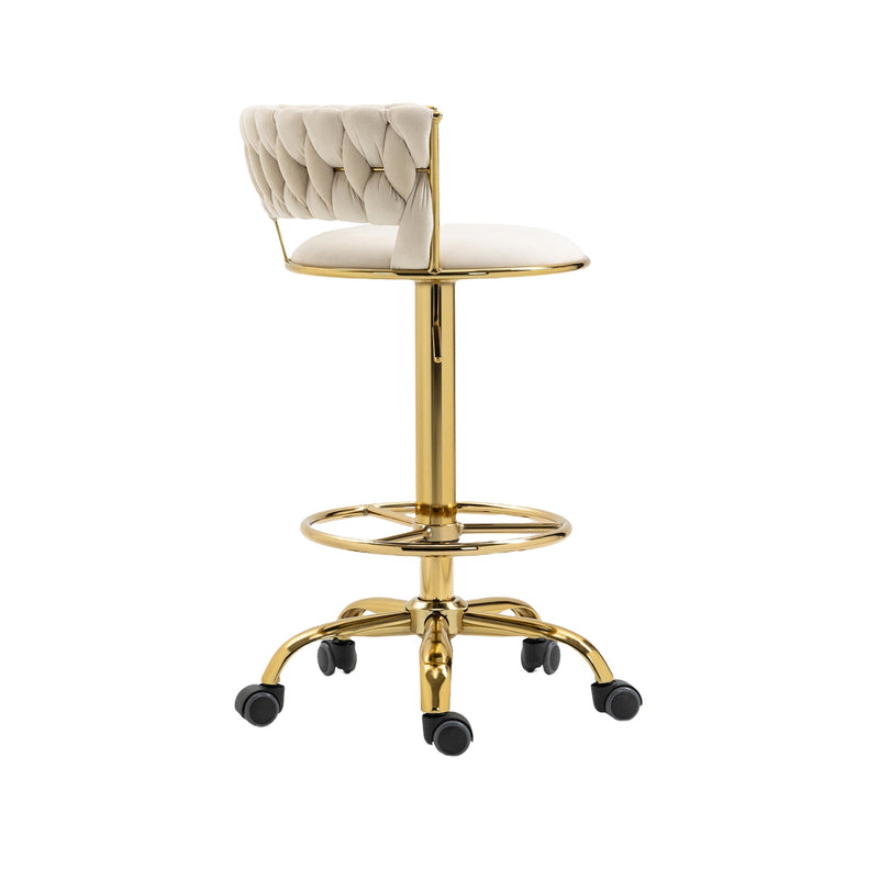 360 Adjustable Barstools Set of 2, Ergonomic Drafting Chair with Round Footrest and Backrest, Swivel Rolling Wheels for Spa, Studio, Classroom, Lab, Counter, Salon, Ivory