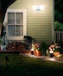 Outdoor LED Dual Head Wall Spot Light 2 Light Dusk to Dawn, White Finish 6"H by LampsUSA