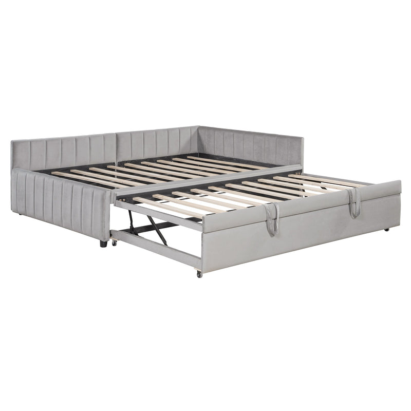 Full Size Upholstered L-Shaped Upholstered Daybed with Twin
Size Pop Up Trundle, Gray