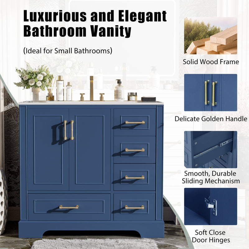 36' Traditional Bathroom Vanity with Ceramics Sink , Blue Bathroom Cabinet with Two Soft Close Doors and Four Drawers(Old sku:SV000026AAC)