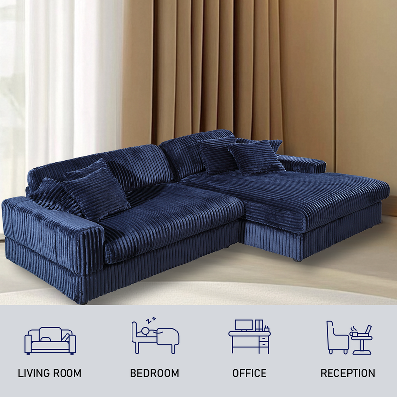 Modern Corduroy Blue Corner sofa Sleeper Sofa Couch With Comfy Deep Seat& 6 Pillows