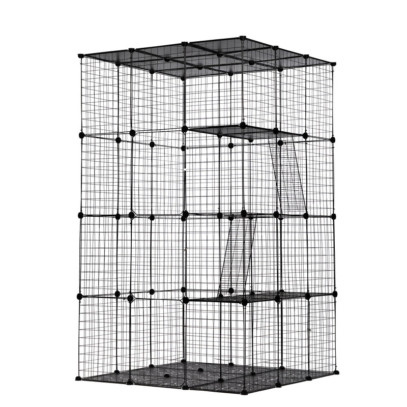 3-Tier Wire Cat Cage, Large Kennels Playpen with 3 Platforms, 3 Ramp Ladders and 4 Doors, Black