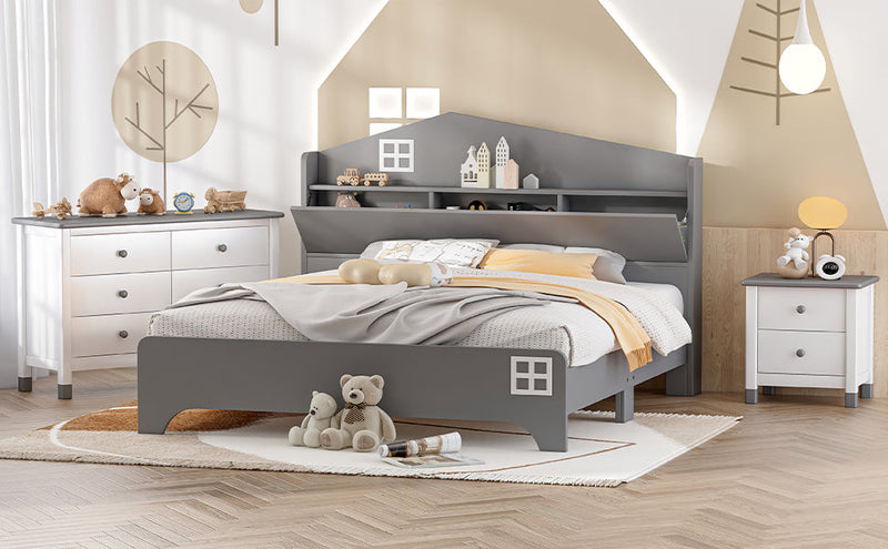 3-Pieces Bedroom Sets Full Size House Bed with Storage Headboard, Wooden Nightstand and Storage Dresser,Gray
