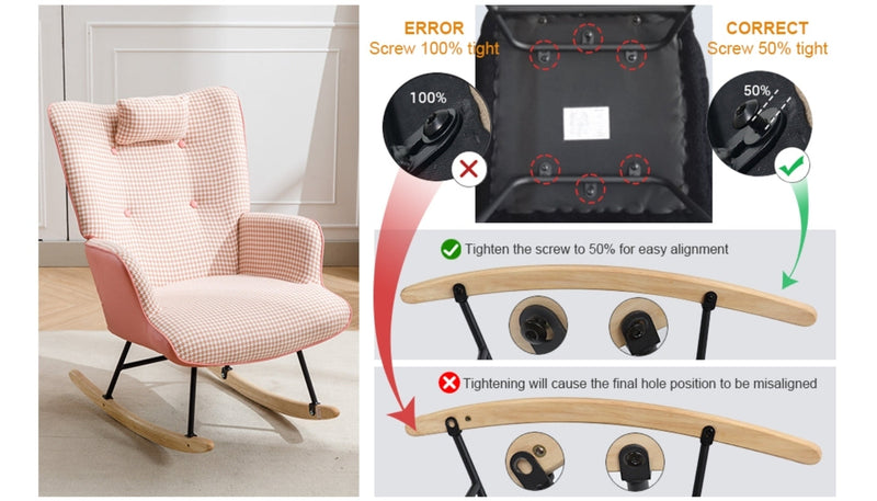 35.5 inch Rocking Chair, Soft Houndstooth Fabric Leather Fabric Rocking Chair for Nursery, Comfy Wingback Glider Rocker with Safe Solid Wood Base for Living Room Bedroom Balcony (pink)