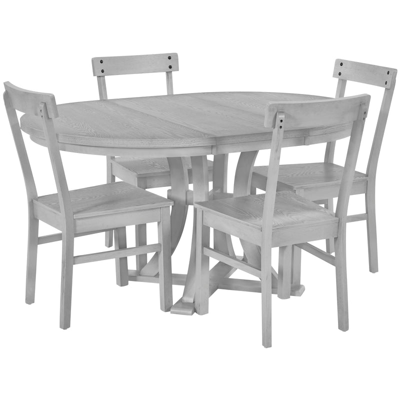 5-Piece Rustic Round Pedestal Extendable Dining Table Set with 15.7" Removable Leaf and Simple Dining Chirs for Small Places, Gray