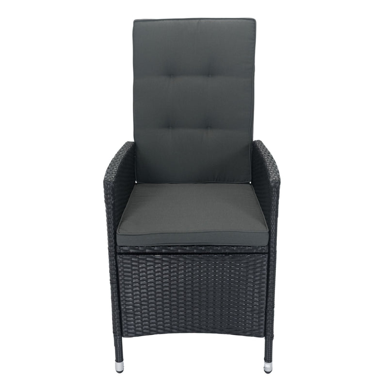 7 Piece Outdoor Patio Wicker Dining Set Patio With Adjustable Backrest Black Wicker + Dark Grey Cushion