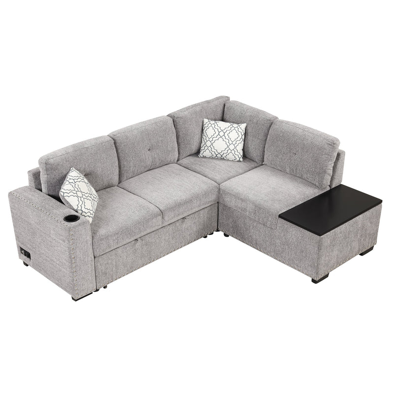 83.8" Reversible Sectional Pull-Out Sofa Bed L-Shaped Corner Sofa Couch with Storage Chaise, USB Ports, Power Sockets, Cup Holder for Living Room, Bedroom, Study,Light Gray