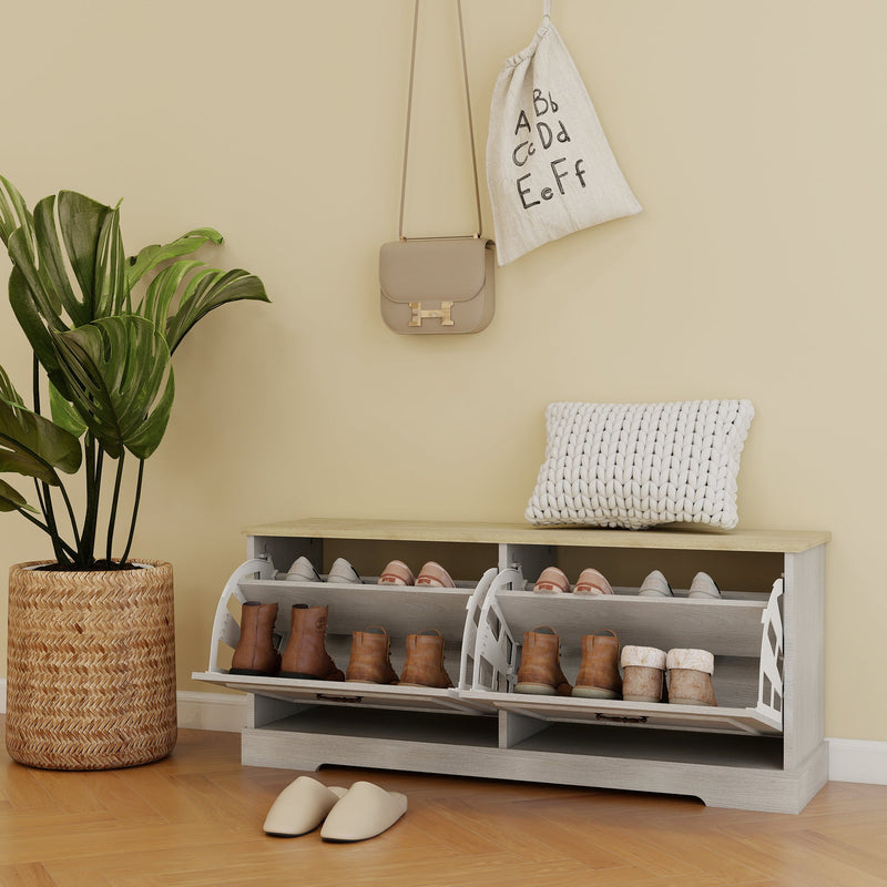 Shoe Storage Bench with 2 Flip Drawers and Adjustable Shelf - Antique, photo 8 of 10