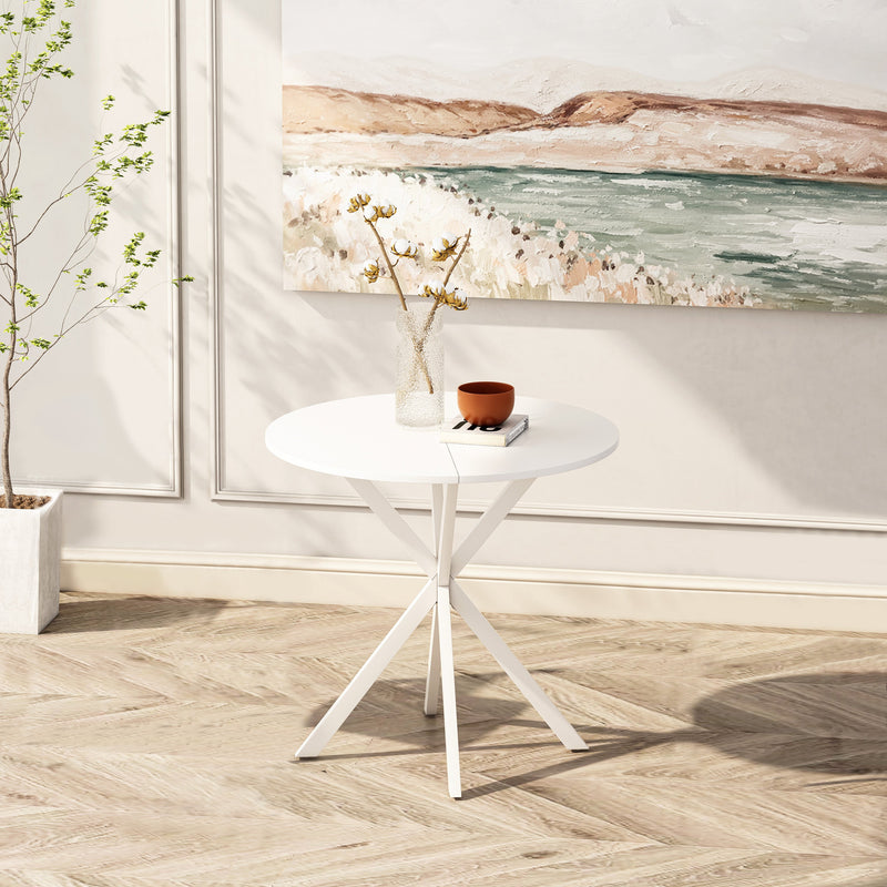31.5" Modern Round Dining Table with Crossed Legs,White Occasional Table, Two Piece Detachable Table Top, Matte Finish Iron Legs