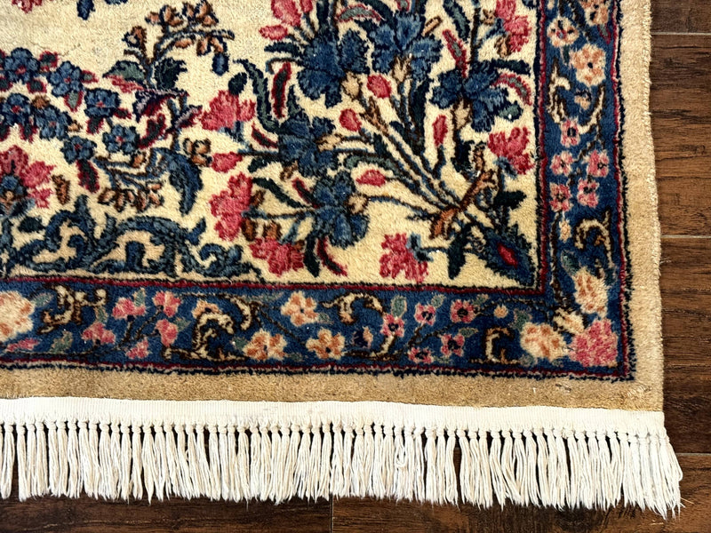 Square Persian Kerman Rug 4x4, Ivory Blue Pink, Handmade, Fine 225 KPSI