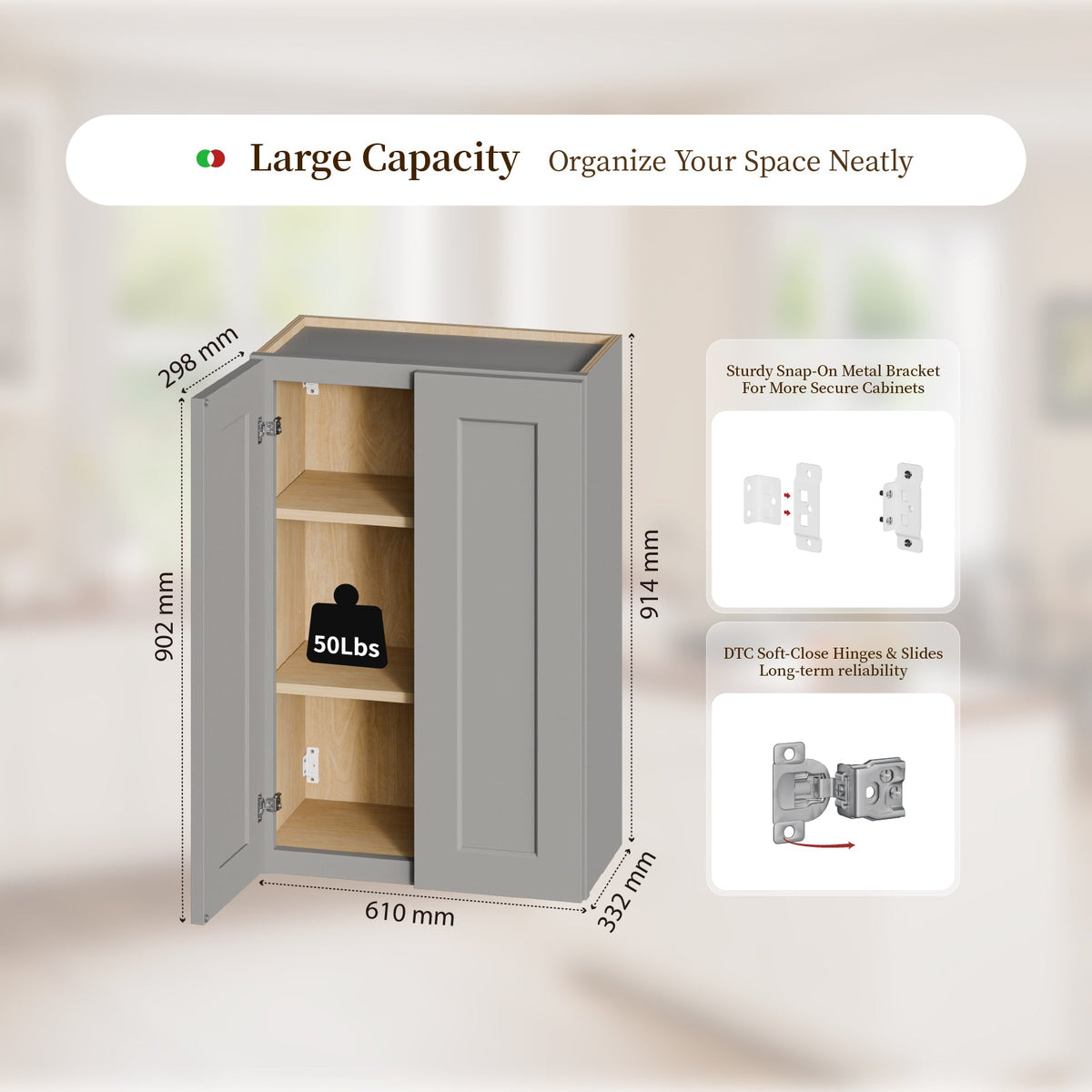 Gray Shaker Solid Wood Wall Cabinet with Soft-Close Doors, photo 3 of 7