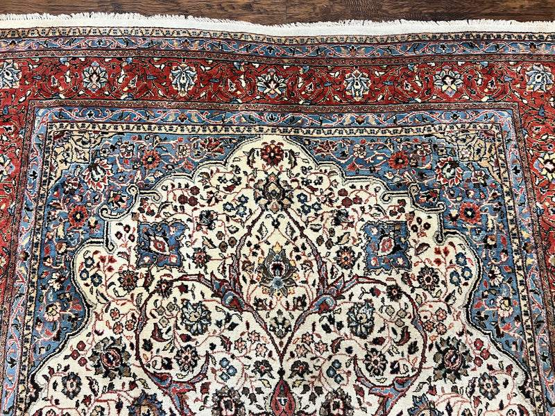 Persian Sarouk Rug 8x12, Wool Hand Knotted Antique Carpet, Floral Medallion, Cream Red, Traditional Oriental Rug