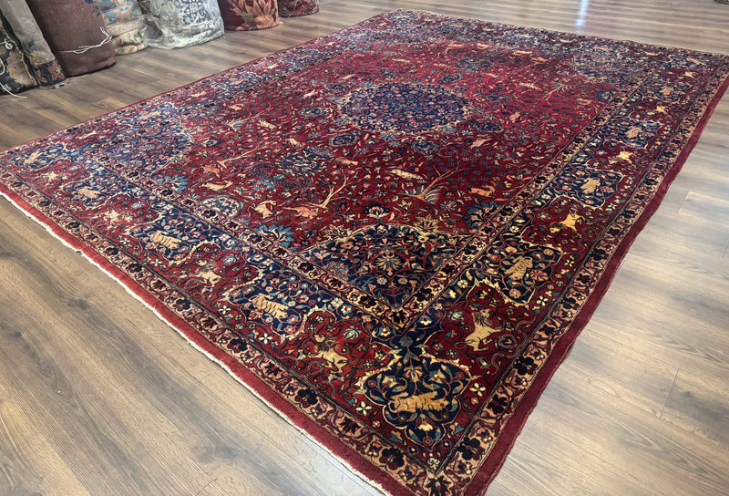 Antique Indo Persian Kerman Rug 9x12 Red Manchester Wool Animal Pictorials, Fine 290 KPSI
