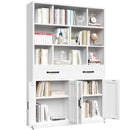 Bookcase Tall With 2 Doors & 2 Drawers, Fixed Open Shelves - White by HouseOfZazla