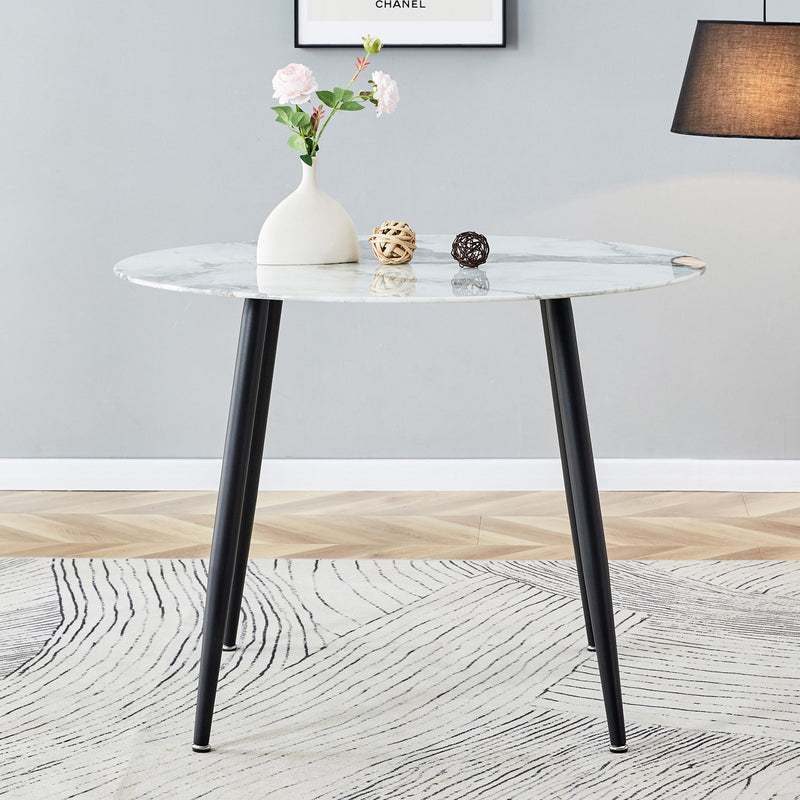 A modern minimalist circular dining table with a diameter of 40 inches, a 0.3 inch thick imitation marble pattern tabletop and black metal legs 40 'x 40' x 30 'DT-1164