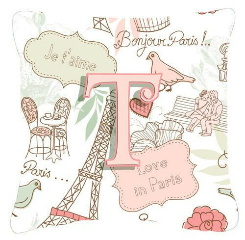 Letter T Love in Paris Pink Canvas Fabric Decorative Pillow CJ2002-TPW1414