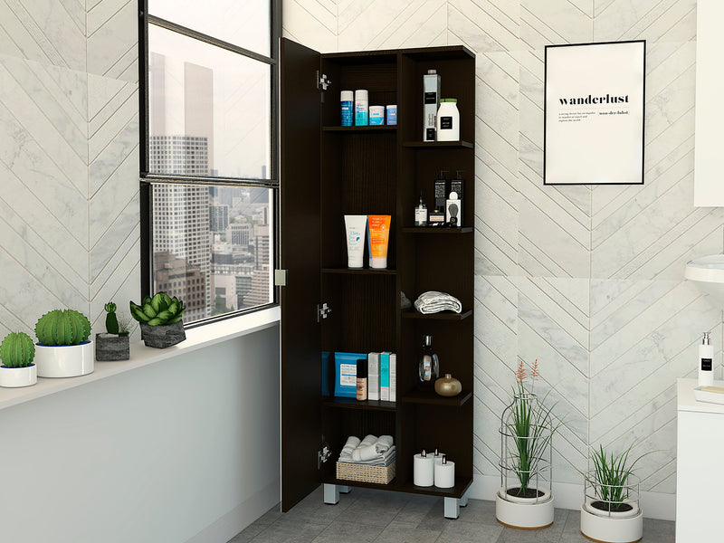 Urano Mirror Linen Cabinet, Four Interior Shelves, Five External Shelves -Black
