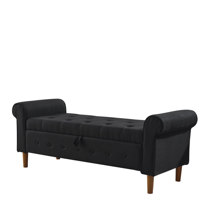 62" Bedroom Tufted Button Storage Bench, Linen Upholstered Ottoman, Window Bench, Rolled Arm Design for Bedroom, Living Room, Foyer (Beige)