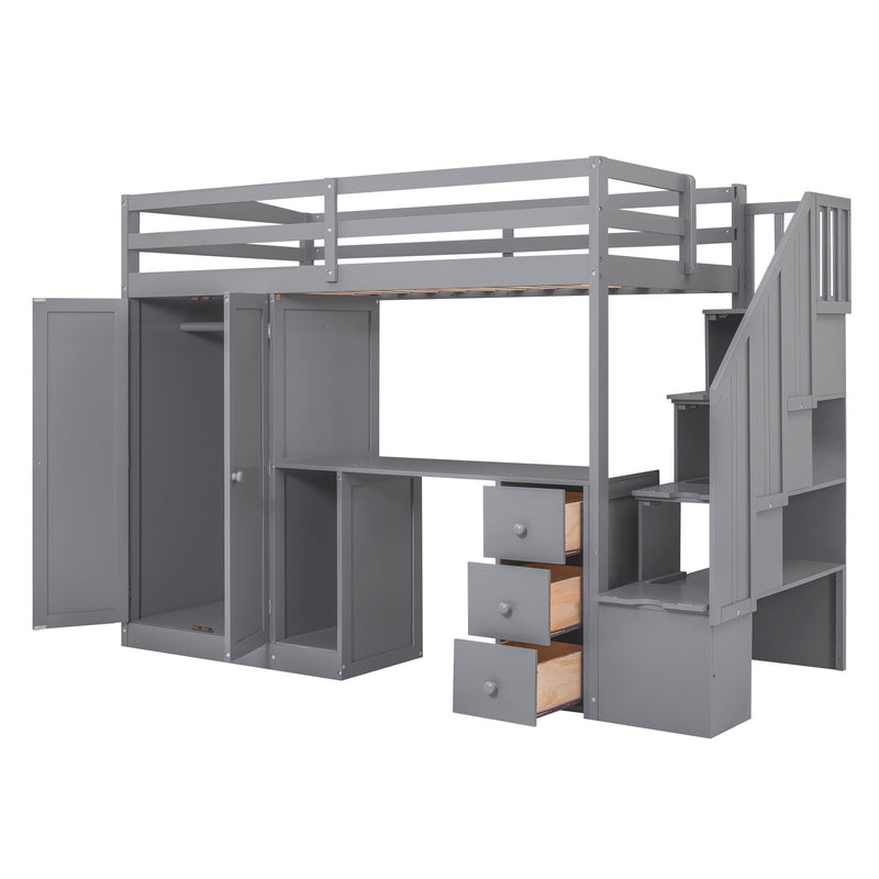 Walker Edison | Twin Size Loft Bed with Wardrobe and Staircase, Desk and Storage