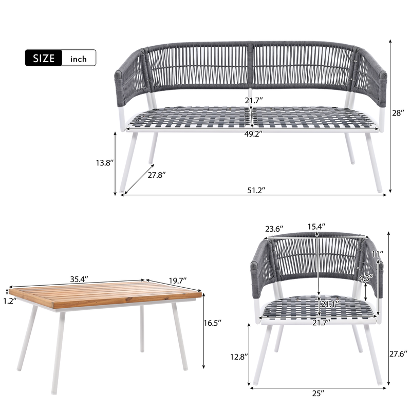 Walker Edison - 4-Piece Boho Rope Patio Furniture Set, Outdoor Furniture with Acacia Wood Table, Patio Conversation Set  with Deep Seating & Thick Cushion for Backyard Porch Balcony, Grey