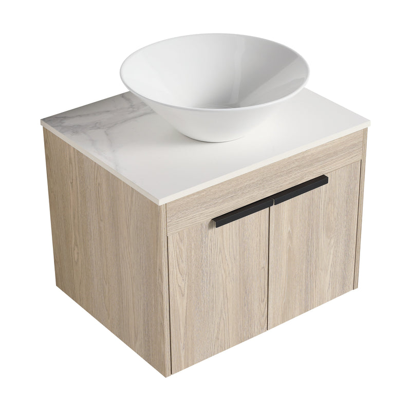 24" Modern Design Float Bathroom Vanity With Ceramic Basin Set, Wall Mounted White Oak Vanity With Soft Close Door, KD-PackingD-Packing Pieces