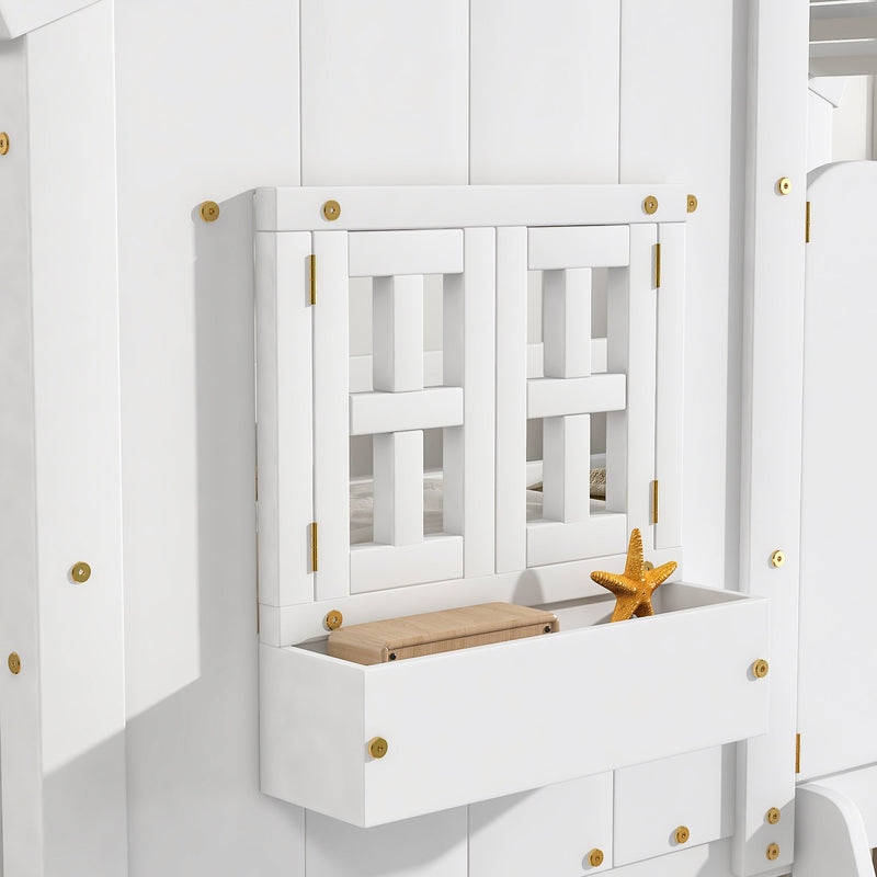 Twin over Twin House Bunk Bed with Roof, Window, Window Box, Door, with Safety Guardrails and Ladder, White
