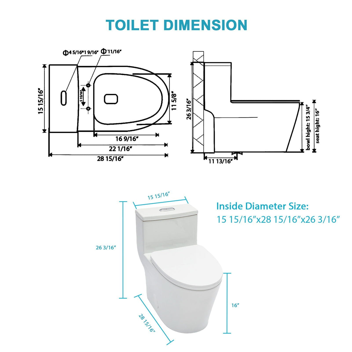 1 Piece Toilet For Bathroom, Dual Flush 1.24 / 1.43 Gpf, Soft Closing Seat - White, photo 4 of 4