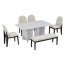 6-Piece Modern Style Dining Set with Faux Marble Table and 4 Upholstered Dining Chairs & 1 Bench (White)